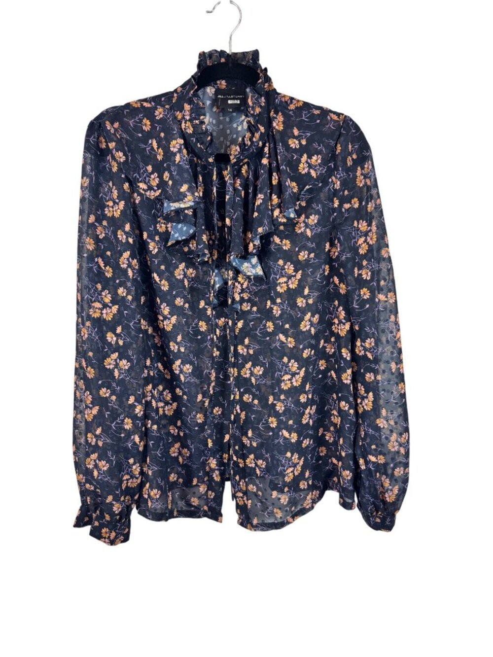 Jill Jill Stuart Womens Floral Sheer Long Sleeve Blouse Size 14 Ruffle Neck